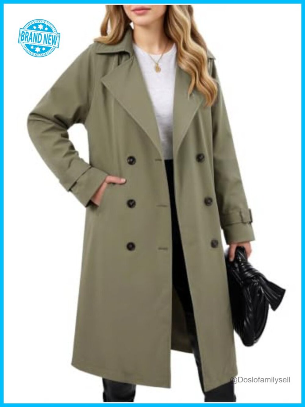 Women's Double Breasted Long Trench Coat Belted Lapel Overcoat